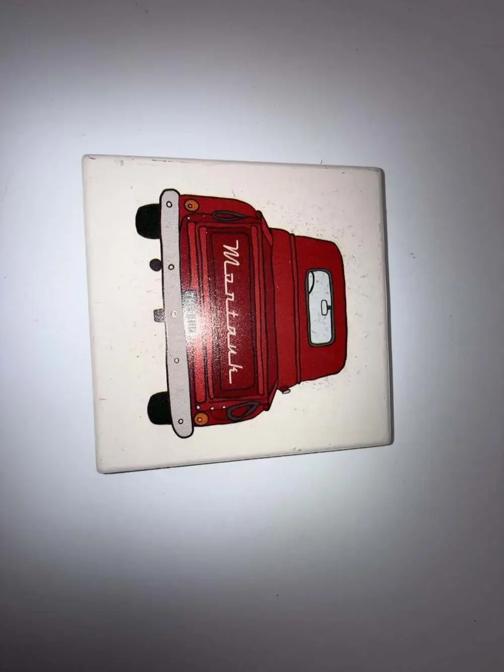 Montauk Red Vintage Pickup Truck Ceramic Coaster with Cork Backing